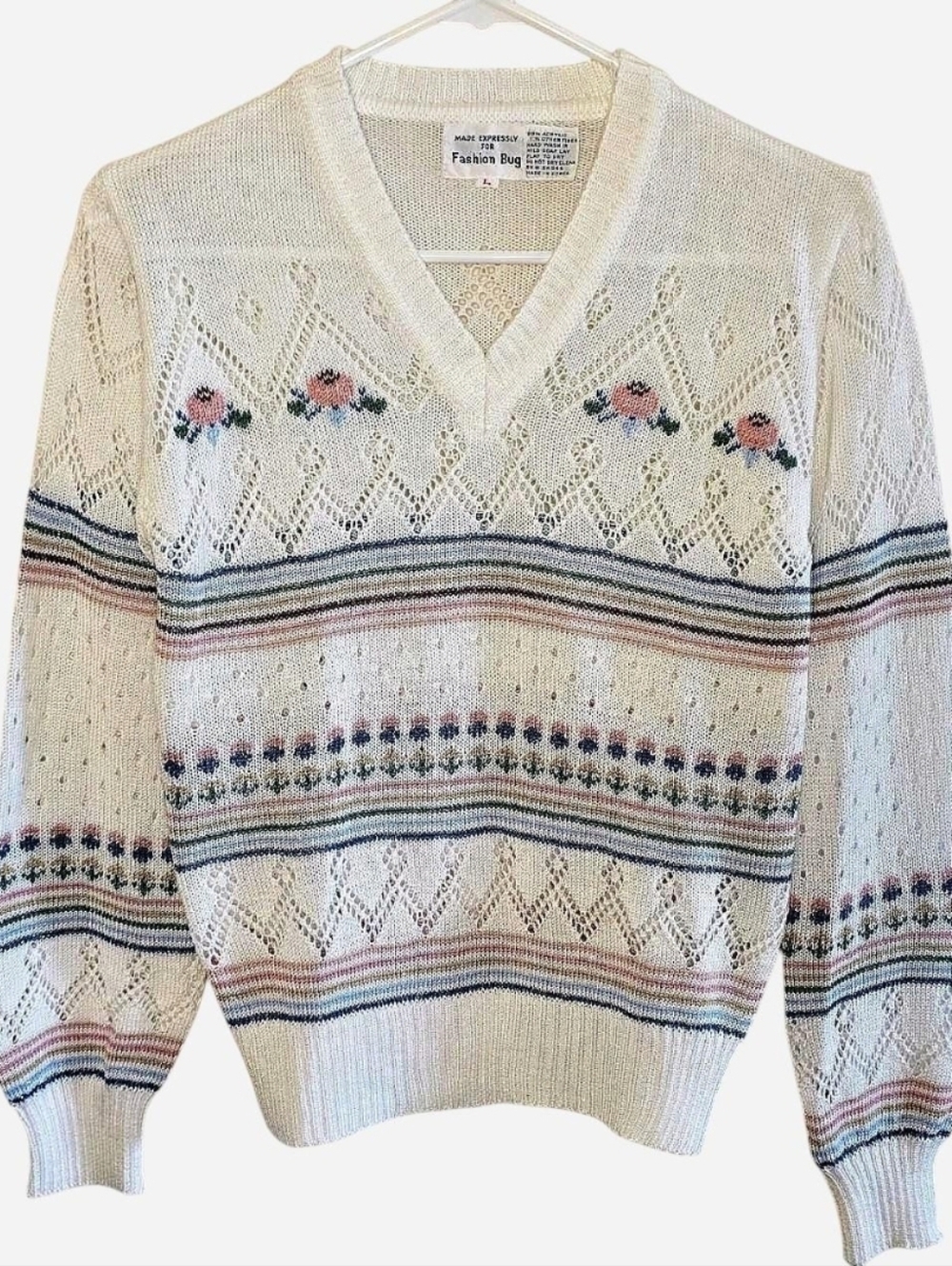 Vintage Fashion Bug Sweater Pullover Women's Size Large White Floral Cottagecore